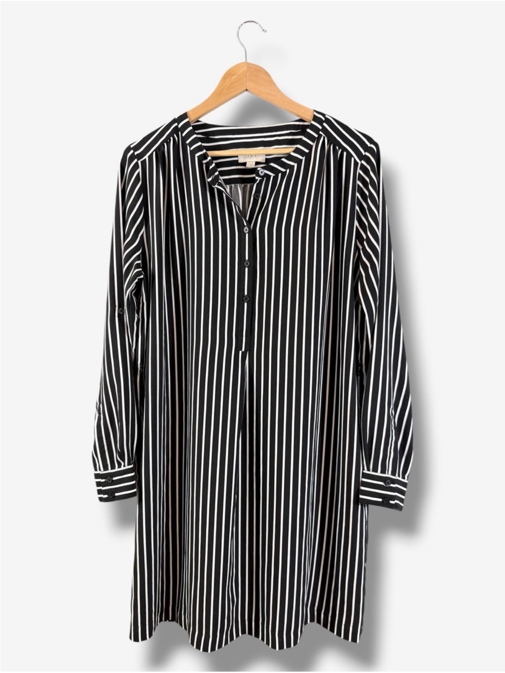 Loft Black White Stripe Shirt Dress Size L Long Sleeve Button Preppy Roll Tab